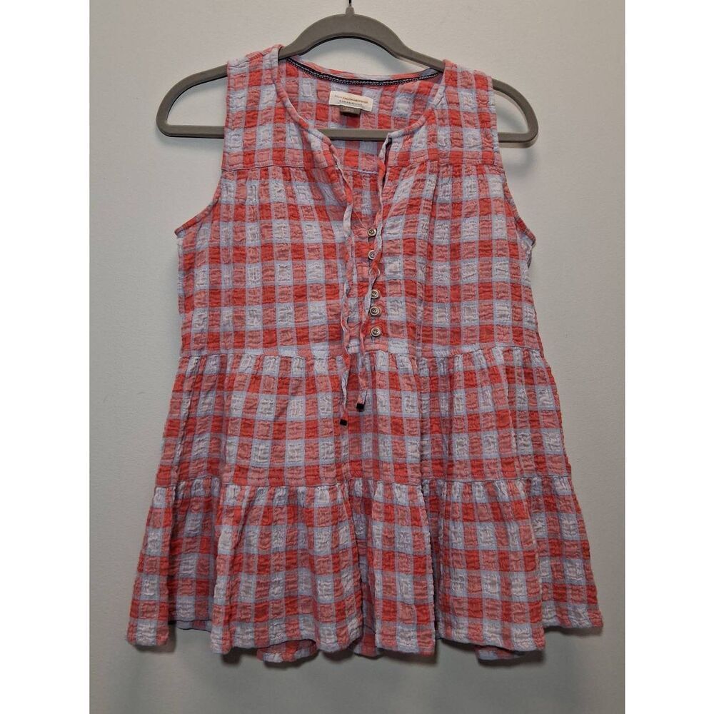 Pilcro Anthropologie womens small red plaid shirt blouse sleeveless seersucker - Picture 4 of 10